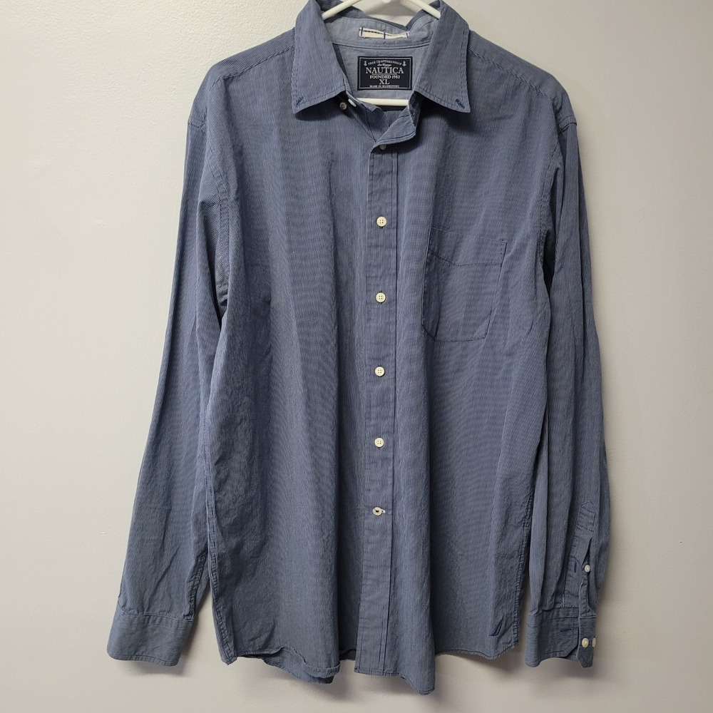 Nautica Mens XL Blue White Pinstripe Long Sleeve Button Down Shirt Cotton